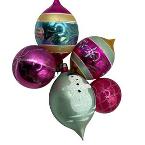 Poland VTG Christmas Ornaments Mica Snowman Floral Pink Set Of 5 Teardrop Round
